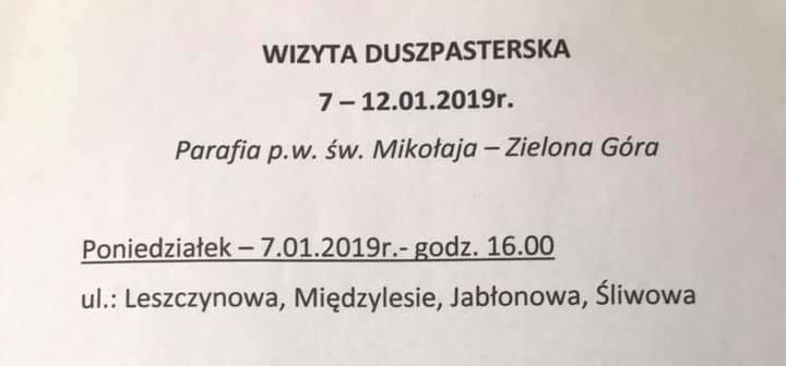 Plan kolędy na najbliższy tydzień 07.01-12.01.2019