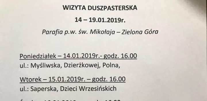 Plan kolędy na najbliższy tydzień 14.01-19.01.2019